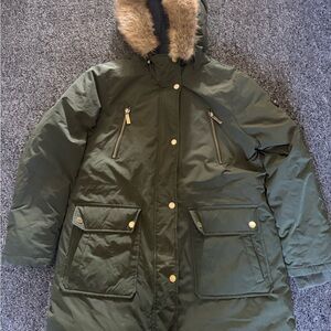 Michael Kors Olive Green Puffer Coat with Faux Fur Trim